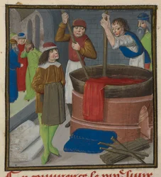 Dyers Soaking Red Cloth in a Heated Barrel