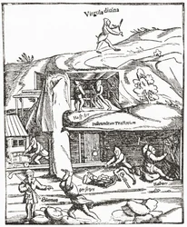 Early Representation of the Divining Rod, Showing a Figure with a Divining Rod Above Ground Searching for Water, Coal or Gold and the Miners Below Ground Toiling to Find Coal. From The Strand Magazine Published 1897.