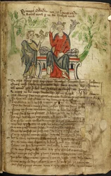 Edward II Sitting on a Throne, with Sceptre in Left Hand, and Touching His Crown with His Right Hand. A Small Figure (Possibly a Personification of Wales) Offers Him Another Crown (Probably the Crown of Scotland)
