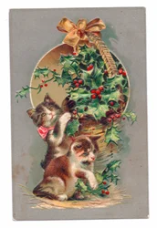 Edwardian Postcard of Two Cats Playing with Some Holly, c.1910