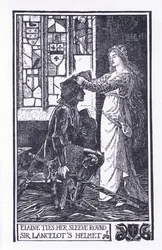 Elaine ties her sleeve around Sir Lancelot
