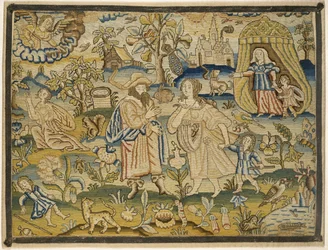 Embroidered picture: Abrahams dismissal of Hagar, mid-17th century