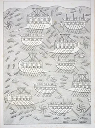 Enemies of the Assyrians taking refuge in ships (plate 71) from Nineveh and its Remains by Austen Henry Layard published 1849