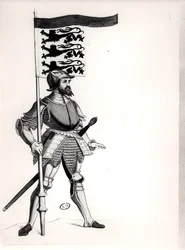English soldier holding a standard with the three lions of England