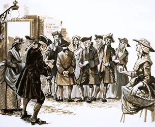 Excited people gather outside the New Theatre