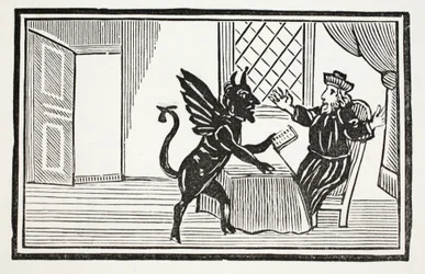 Faustus warned by the Spirit to expect his end, illustration from Chap-books of the Eighteenth Century by John Ashton, pub. 1882