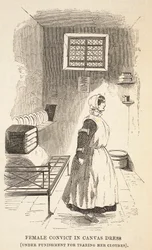 Female convict in canvas dress (under punishment for tearing her clothes), illustration from The Criminal Prisons of London and Scenes from Prison Life by Henry Mayhew and John Binny, pub. 1862