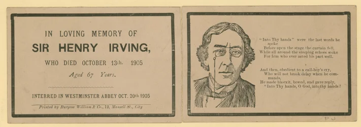 Folding card noting the passing of Sir Henry Irving, actor, who died on 13 October 1905