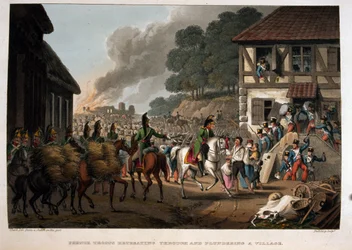French troops retreating through and plundering a village