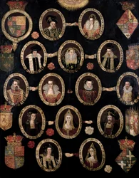 Genealogical chart tracing the Tudor roots of Mary Stuart, Queen of Scots (1542-87) and her son James VI of Scotland and I of England (1566-1625) c.1603
