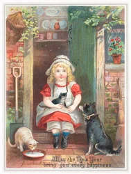 Girl sitting on doorstep with pets