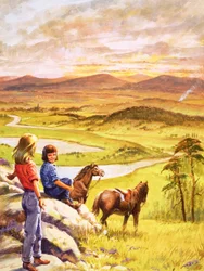 Girls and ponies looking over the countryside