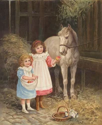 Girls feeding apples to a pet horse