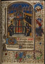 A funeral service with the coffin covered by the arms of John, Duke of Bedford, from the 