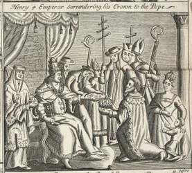 Henry 4 Emperor surrendering his crown to the Pope, illustration from Acts and Monuments by John Foxe, ninth edition, pub. 1684
