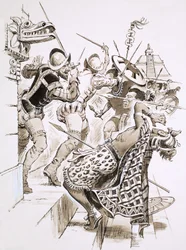 Hernando Cortes and his soldiers resist Aztec attacks