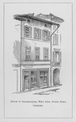 House of Stradivarius, West Side, Piazza Roma, Cremona (engraving)