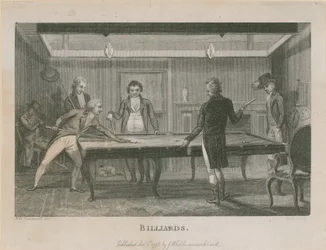 Illustration Depicting a Group of Men Playing Billiards