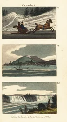 Inhabitants of Quebec Riding a Horse-Drawn Cariole on Ice, View of Montreal, and View of Niagara Falls