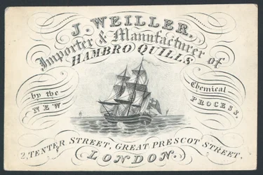J Weiller, Importer and Manufacturer of Hambro Quills, 2 Tenter Street, Trade Card
