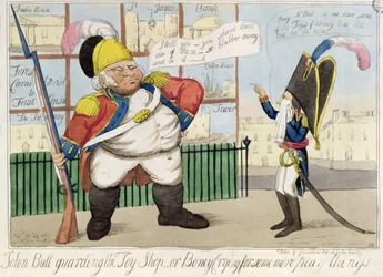 John Bull Guarding the Toy Shop, or Boney Crying for Some More Play Things, pub. by S.W. Fores, 1803