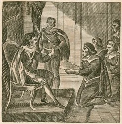 King Charles I receiving a petition from the Commons to assign them the power of levying armies