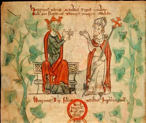 King Henry II seated on the throne, arguing with Thomas Becket, illustration from the 