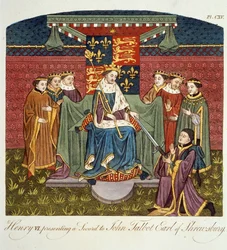 King Henry VI Presenting a Sword to John Talbot, Earl of Shrewsbury, Illustration from The Complete View of the Dress and Habits of the People of England Volume II, published 1799