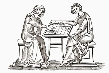 Lady and youth playing draughts, or checkers, in the early 14th century