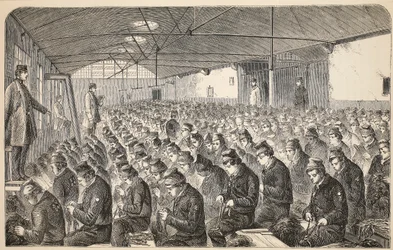 Large Oakum-room (under the Silent System) at the Middlesex House of Correction, Coldbath Fields, illustration from The Criminal Prisons of London and Scenes from Prison Life by Henry Mayhew and John