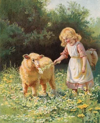 Little Girl Feeding a Flower to a Sheep in a Meadow