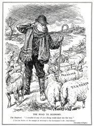 Lloyd George as the Shepherd of Great Britain Asks the Tax Payers (Sheep) to Lead the Recovery of the Economy, December, 1920