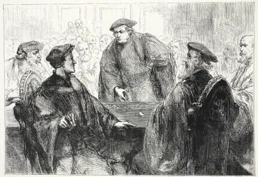 Luther and Zwingle discussing at Marburg