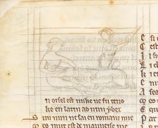 Underdrawing for a miniature showing a hunter catching a unicorn lying naked in a virgin