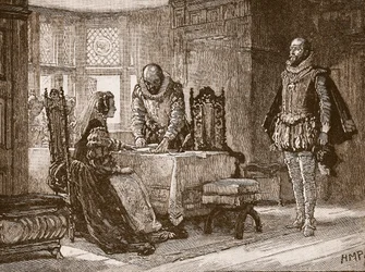 Mary Signing the Deed of Abdication in Lochleven Castle, Illustration from Cassell