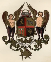 Masonic arms, after a painted panel in the possession of W.H.Y. Rylands, from The History of Freemasonry, volume II, published by Thomas C. Jack, London, 1883