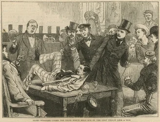 Moses wriggles under the grasp which held him by the coat collar like a vice