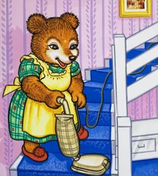 Mother bear hoovering the stairs