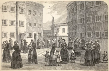 Mothers, with their children, exercising at Tothill Fields Prison, illustration from The Criminal Prisons of London and Scenes from Prison Life by Henry Mayhew and John Binny, pub. 1862
