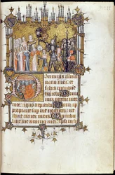 David at the head of a procession carrying Goliath