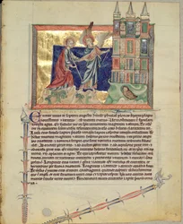 An Angel Showing the New Jerusalem to St. John the Evangelist, from the Gulbenkian Apocalypse, c.1265-70