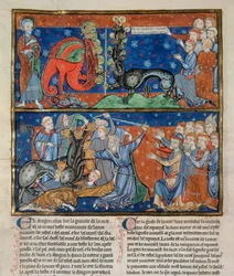 The Killing of the Seven-Headed Beast, from the Trinity Apocalypse, Anglo-Norman, c.1250