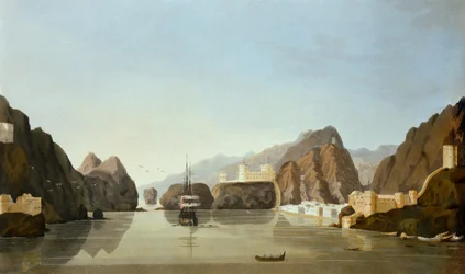 Muscat from the harbour with a British frigate at anchor, from Sixteen Views of Places in the Persian Gulf, by Lieutenant R. Temple, published 1813