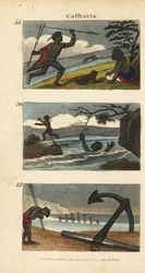 Nguni or Bantu Warrior Hunting Antelope with Spears, Forsaking a Woman Drowning in a River, and Worshipping an Anchor from an East India Ship