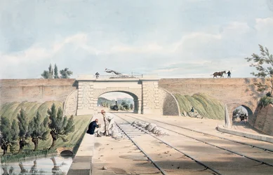 North Midland Line under the Cromford Canal at Bull Bridge, Published by Day and Haghe
