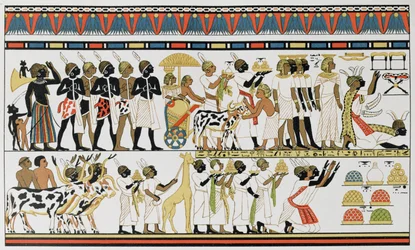 Nubian Chiefs Bringing Presents to the King of Egypt, Copy of an Ancient Egyptian Wall Painting from a Tomb at Thebes, c.1380 BC, from The History of Mankind, Vol.III, by Prof. Friedrich Ratzel, 1898