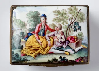 Oblong Box with Lovers in a Landscape on Lid, and Painted Flowers and Insects on Shaped Sides