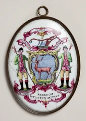 Oval medallion for the Society of Bucks, showing two foresters supporting a shield painted with a stag