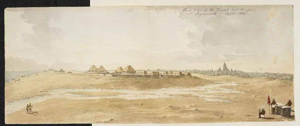 Panorama of the Great Temple of Jagannath, Puri (Orissa), taken from the west, showing European bungalows in the foreground on the sea shore, September 1820