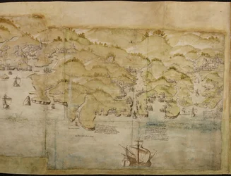 Part of a panoramic map of the coast from Land